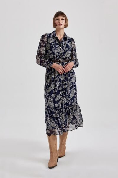DeFacto Patterned Shirt Collar Long Sleeve Chiffon Midi Dress - B3763Ax23Au
