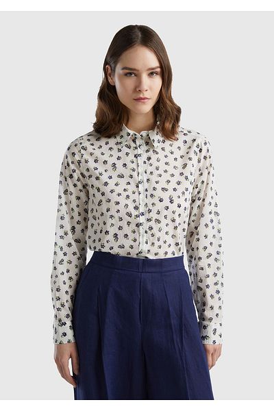United Colors of Benetton Cămașă de damă 100% bumbac cu model mixt crem