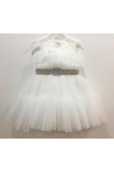 Daisy Girl's Cream Evening Dress - Crew Neck and Belted Back