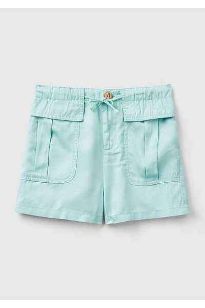 United Colors of Benetton Water Green Girl's Shorts - Elastic Band on the Back, Drawstring and Patch Pocket