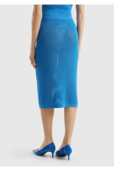 United Colors of Benetton Fusta de damă cu motiv tricotat albastru - 100% bumbac, guler până la gambe