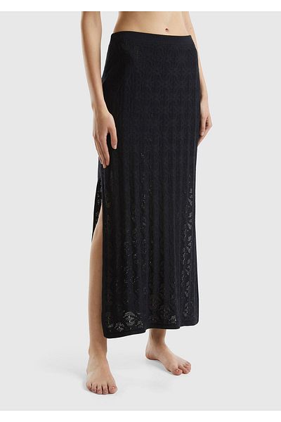 United Colors of Benetton Women's Black 100% Cotton All Patterned Long Skirt with Side Slits