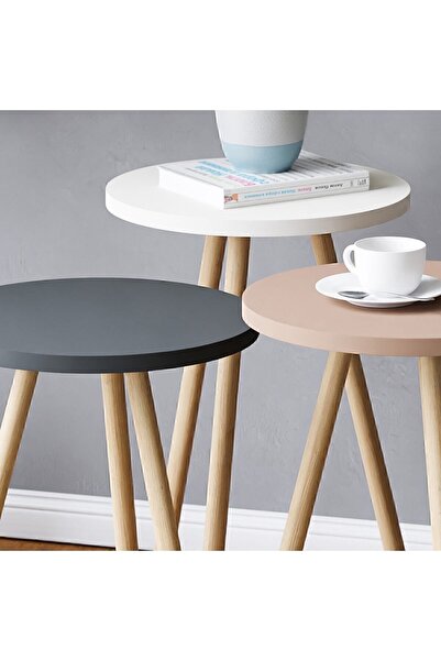 interGO Renkli Üçlü Zigon Sehpa Ahşap Ayaklı Yuvarlak Pastel Tasarım Gri Beyaz Cappuccino