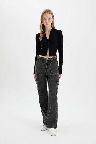 DeFacto Black Corded Crop Cardigan - Stand Collar, Plain Zipper D5124Ax24Au