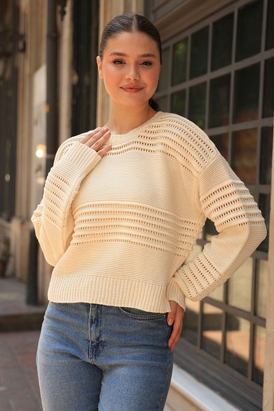 ALCHON Round Crew Neck Long Sleeve Stripe Patterned Hollowed Out Openwork Seasonal Knitwear Sweater