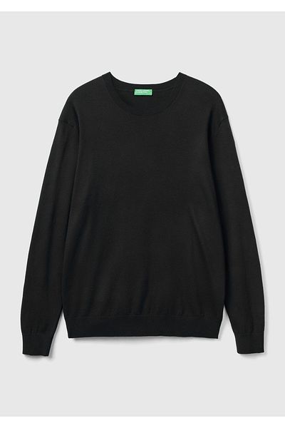 United Colors of Benetton Pulover de bază negru pentru bărbați - amestec de bumbac