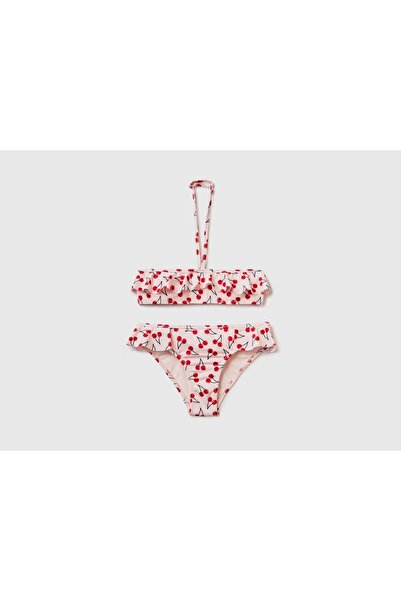 United Colors of Benetton Σετ μπικίνι για κορίτσια με μοτίβο μπλε φρούτων σε σκόνη, με λαιμόκοψη σε σκόνη ροζ μείγμα