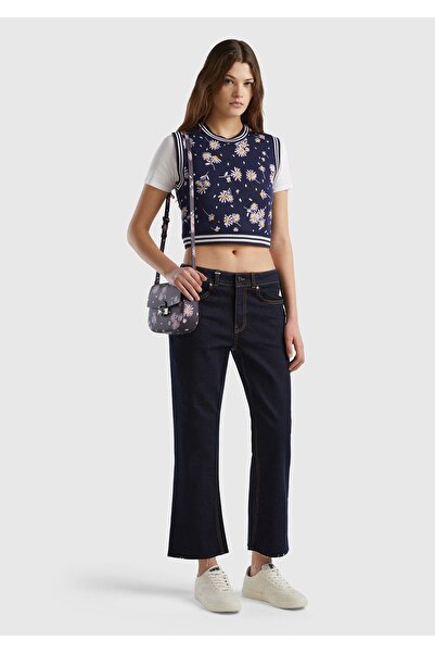 United Colors of Benetton Σκούρο Navy Blue Floral μοτίβο 100% βαμβακερό γυναικείο πουλόβερ Crop - Crew Neck