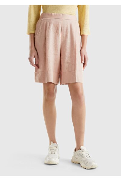 United Colors of Benetton Kadın Pudra %100 Keten Beli Lastikli  Bermuda Şort