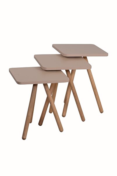 interGO Üçlü Zigon Sehpa Ahşap Ayaklı Kare Tasarım Cappuccino