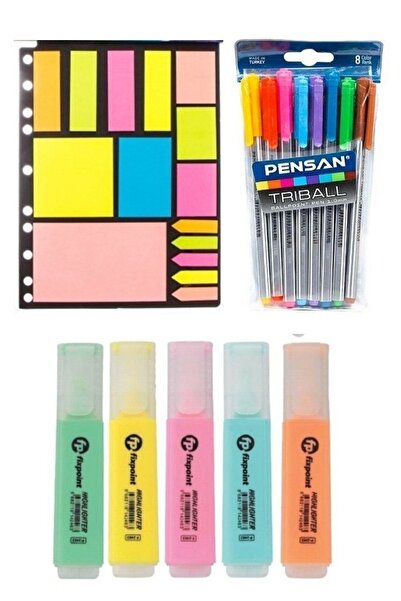 Pensan Tribal Tükenmez Kalem + Fixpoint Pastel Fosforlu Kalem + Post-it A4 15 Parça