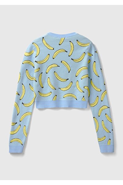 United Colors of Benetton Women's Light Blue Cotton Blended All 3D Banana Patterned Crew Neck Sweater