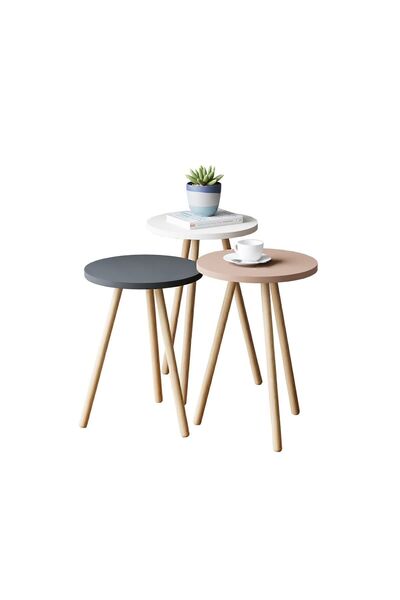 interGO Renkli Üçlü Zigon Sehpa Ahşap Ayaklı Yuvarlak Pastel Tasarım Gri Beyaz Cappuccino