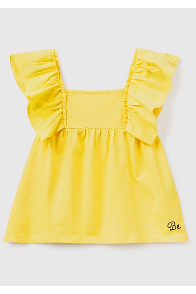 United Colors of Benetton Girl's Yellow Shoulder Ruffle Detailed Combed Cotton T-Shirt