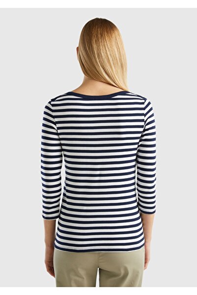 United Colors of Benetton Γυναικείο ριγέ μπλουζάκι Indigo με μανίκια τριών τετάρτων