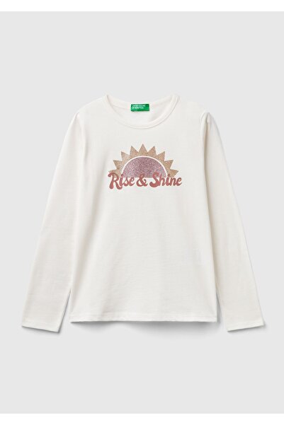 United Colors of Benetton Κοριτσίστικο μπλουζάκι με κρεμί χρώμα, γυαλιστερό γ...