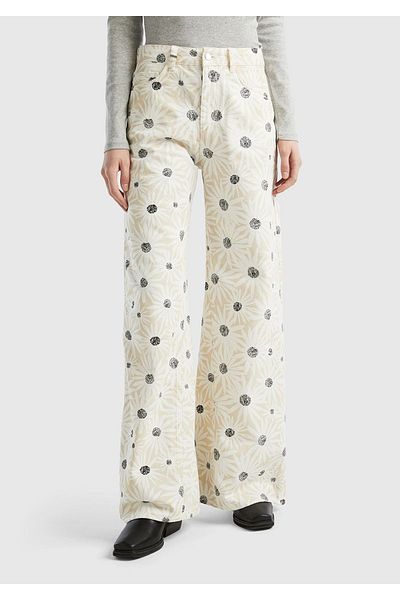 United Colors of Benetton High Waist Wide Leg Women's Trousers - Cream Color, 100% Cotton, Patterned