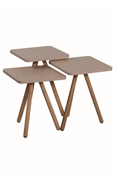 interGO Üçlü Zigon Sehpa Ahşap Ayaklı Kare Tasarım Cappuccino