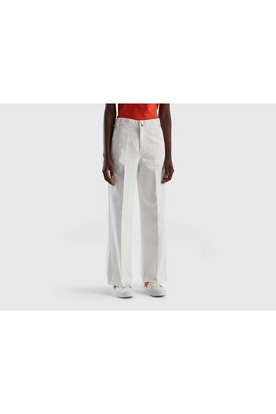 United Colors of Benetton White Denim Trousers - Women, Elastic Waist, Wide Leg