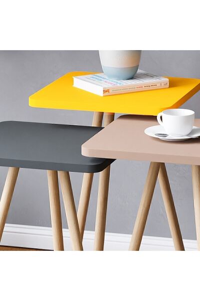 interGO Renkli Üçlü Zigon Sehpa Ahşap Ayaklı Kare Pastel Tasarım Gri Sarı Cappuccino