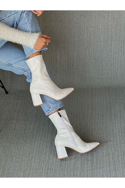 Ömer Ediz Shoes Λευκές Stretch Μπότες Χοντρό Τακούνι