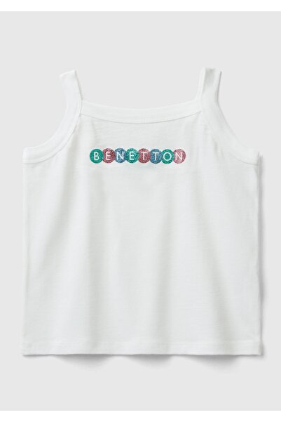 United Colors of Benetton Girl's White Glitter Logo Printed Thin Strap Unders...