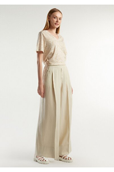 United Colors of Benetton Kadın Bej %100 Keten Beli Lastikli Geniş Kesim Pantolon