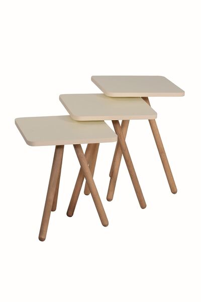 interGO Üçlü Zigon Sehpa Ahşap Ayaklı Kare Tasarım Krem