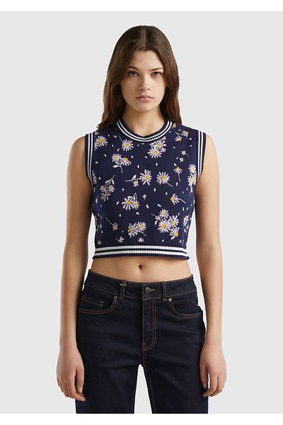 United Colors of Benetton Dark Navy Blue Floral Patterned 100% Cotton Women's Crop Sweater - Crew Neck