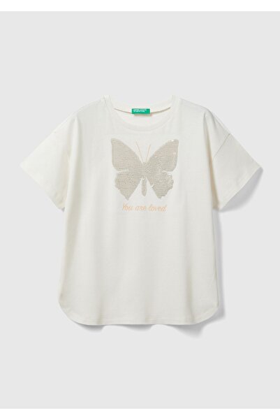 United Colors of Benetton Μπλουζάκι με παγιέτες σε κρεμ χρώμα για κορίτσι