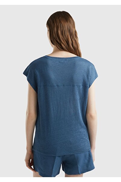 United Colors of Benetton Γυναικείο μπλουζάκι Midnight Blue 100% λινό Άνετη Εφαρμογή με βαθύ V λαιμόκοψη αμάνικο μπλουζάκι