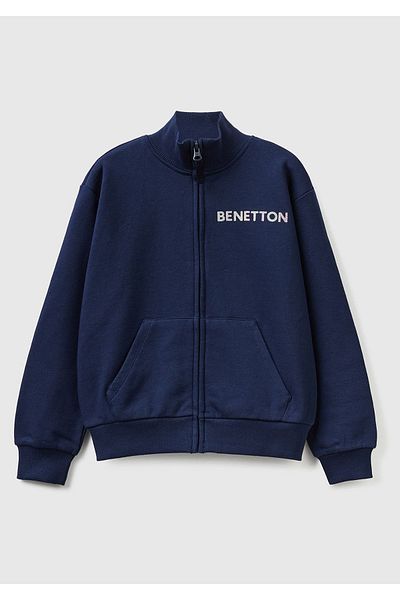 United Colors of Benetton Тъмносин суитшърт с принт на надпис за момичета - яка стойка