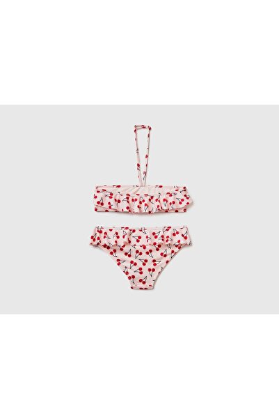 United Colors of Benetton Σετ μπικίνι για κορίτσια με μοτίβο μπλε φρούτων σε σκόνη, με λαιμόκοψη σε σκόνη ροζ μείγμα