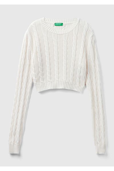 United Colors of Benetton Pulover Crop 100% bumbac, crem, cu decolteu