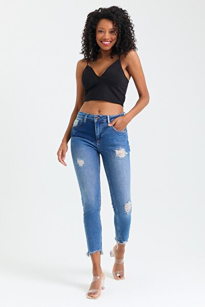 cracpot Women's Blue Intermediate Waist Skinny Lycra Fraying Detailed Jeans