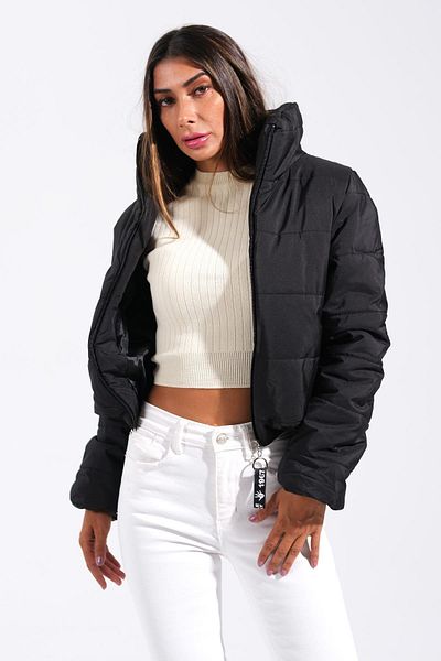 Keyifli Moda Black Stone Printed Women's Puffer Jacket - Stand Collar