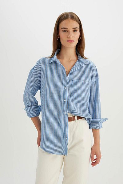 DeFacto Long Sleeve Striped Oversize Linen Shirt - D2947Ax24Sm