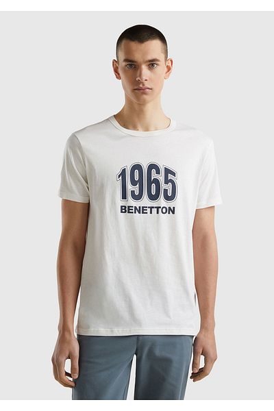 United Colors of Benetton Ανδρικό T-Shirt από οργανικό βαμβάκι - Κρεμ χρώμα, τυπωμένο λογότυπο