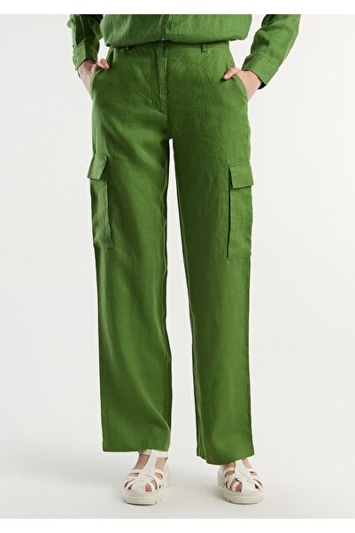 United Colors of Benetton Women's Pale Green 100% Linen Cargo Pants