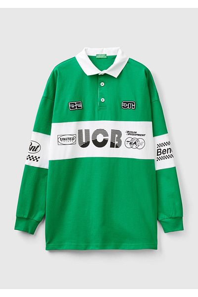 United Colors of Benetton Πράσινο φούτερ Unisex Polo Neck - 100% βαμβάκι, τυπωμένο λογότυπο