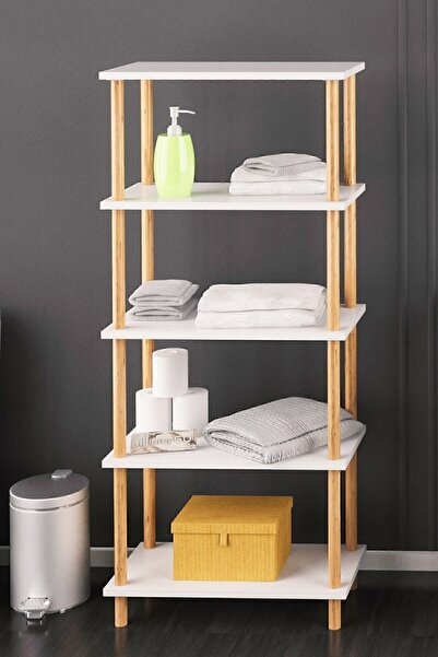 interGO Dekoratif 5 Raflı Ahşap Ayaklı Kitaplık - Beyaz