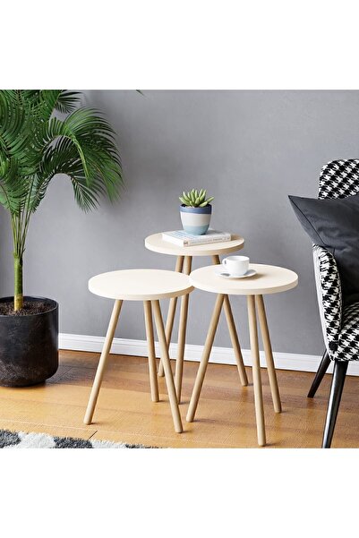 interGO Renkli Üçlü Zigon Sehpa Ahşap Ayaklı Yuvarlak Pastel Tasarım Krem