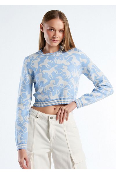 United Colors of Benetton Women's Light Blue 100% Cotton Horse Patterned Crop Sweater