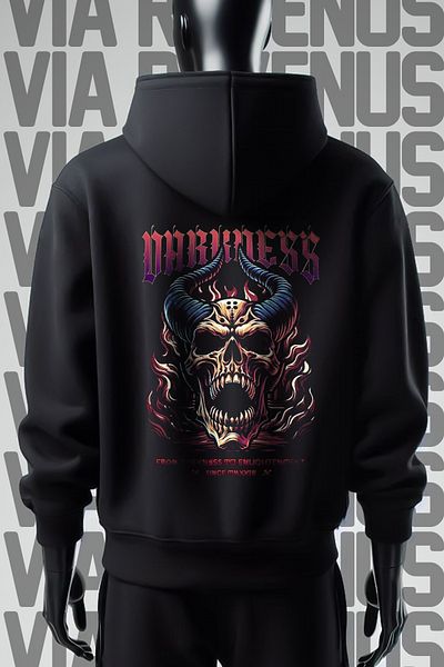 Vordevia Широк модел от 3 прежди Darkness - черен суитшърт с качулка и щампа отпред и отзад