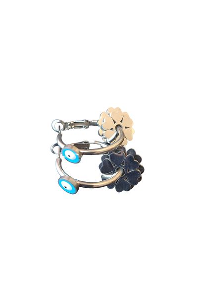 petrimor Steel Silver Evil Eye Bead and Clover Detail Hoop Earrings