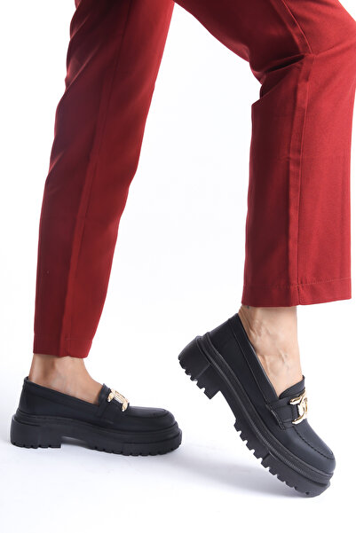 Moda Değirmeni Dámská černá Capone mokasína – přezka a kůže Bg1095-113-0002