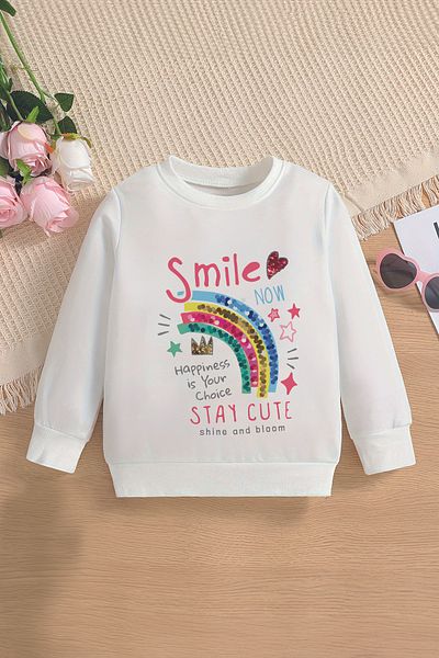 MYADA Hanorac supradimensionat pentru copii, cu paiete, cu imprimeu curcubeu, Trend Smile - Glugă 14581