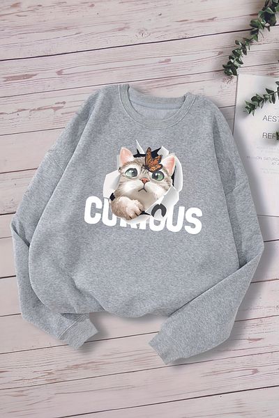 MYADA Детски суитшърт с качулка Curious Written Oversize - с принт на котенца, нов сезон 14609
