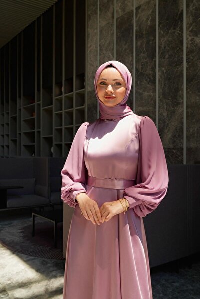 Azeem Lidya Şifon Detaylı Saten Tesettür Abiye, Saten Elbise, Özel Gün Elbise...