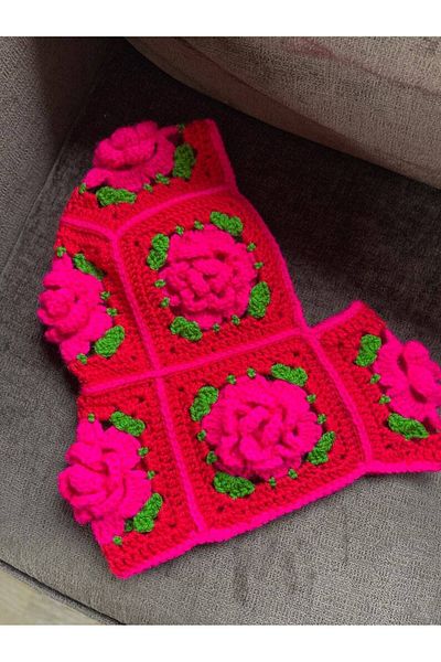 El örgüsü Rose Motif Crochet Beanie - Καπέλο Balaclava με πλεκτό γιακά λαιμού